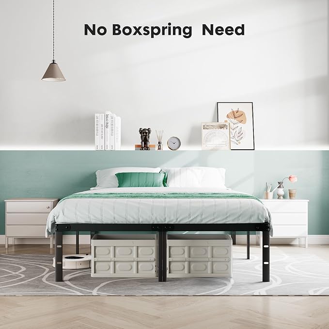 Sweetcrispy Bed Frame King - Heavy Duty No Box Spring Needed Metal Platform Bedroom Frames with Storage Space, 14 Inches High, Sturdy Steel Slat Support, Black