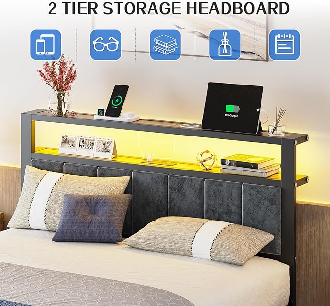 Liians Full Size Platform Bed Frame with LED Lights, Charging Station, Grey Upholstered Headboard with 2-Tier Storage Shelves, Noise Free, No Box Spring Needed