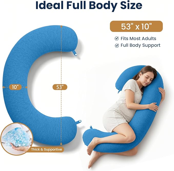 TranquilRelax C Shaped Body Pillow for Side Sleepers, Memory Foam Long Pillow for Leg, Hip & Back Support, Soft Washable Cover,Light Blue-53"*10"