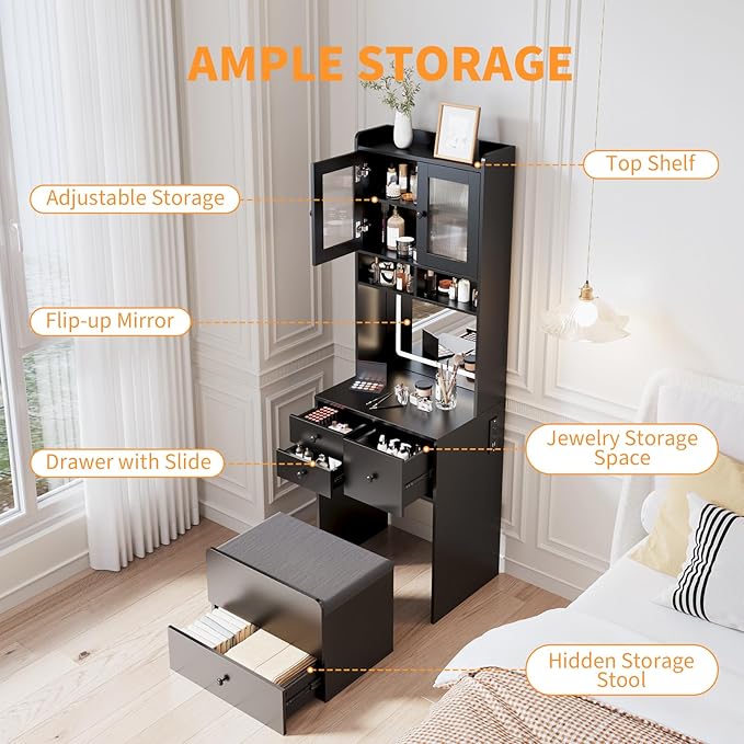 GarveeLife Compact Vanity, Make Up Vanity Desk with Mirror and Lights, White Vanity Table Set with Charger Station,Girls Small Vanity and Storage Chair
