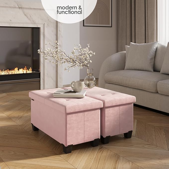 Storage Ottoman Bench with Bins, 30-in Storage Bench for Bedroom End of Bed, Folding Foot Rest Ottoman for Living Room Max 660lbs, Velvet Ottomans, Pink