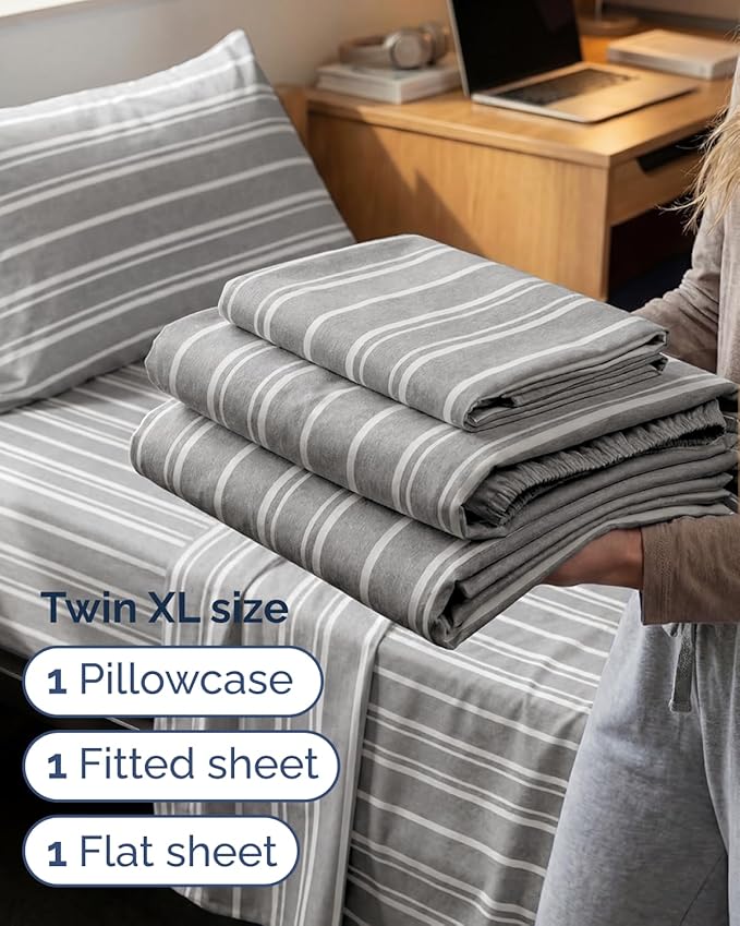Twin XL Size 3 Piece Sheet Set - Comfy Breathable & Cooling Sheets - Hotel Luxury Bed Sheets for Women & Men - Deep Pockets, Easy-Fit, Soft & Wrinkle Free Sheets - Grey Stripes Oeko-Tex Bed Sheet Set