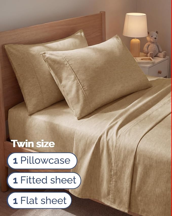 Twin 4 Piece Sheet Set - Comfy, Breathable & Cooling - Soft Hotel Luxury Bedding for Women, Men, Kids, Teens and Children - 1 Flat & 1 Fitted Sheet & 2 Pillowcases with Deep Pockets - Heathered Tan