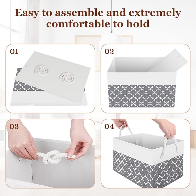 Fab totes Storage Bins 6-Pack, Foldable Storage Baskets for Organizing Toys, Books, Shelves, Closet, Large Storage Box with Rope Handles, Sturdy Organizer Bins,Clover Grey