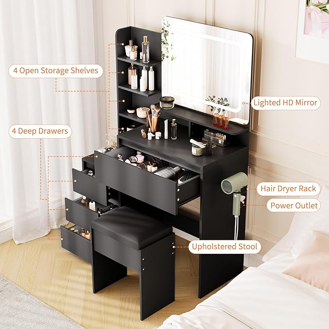 GarveeHome Makeup Vanity with Mirror and Lights, 36-Inch Vanity Desk, 4 Large Drawers Dresser, 3 Lighting Modes, Stool & Charging Station, Modern Vanity Table for Bedroom, Women,
