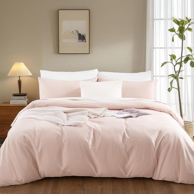 NEXHOME PRO Duvet Cover Set Queen Size Linen Look Textured Organic Natural 100% Washed Cotton Duvet Cover Greyish Light Pink 3 Pieces Bedding Set with Zipper Closure, Breathable (No Comforter)