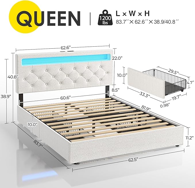 Rolanstar Queen Bed Frame with 4 Drawers and Charging Station,Twin Bed with Led Lights, Adjustable Upholstered Headboard 38.9/40.8 Inches, Sturdy, No Box Spring Needed, Natural White