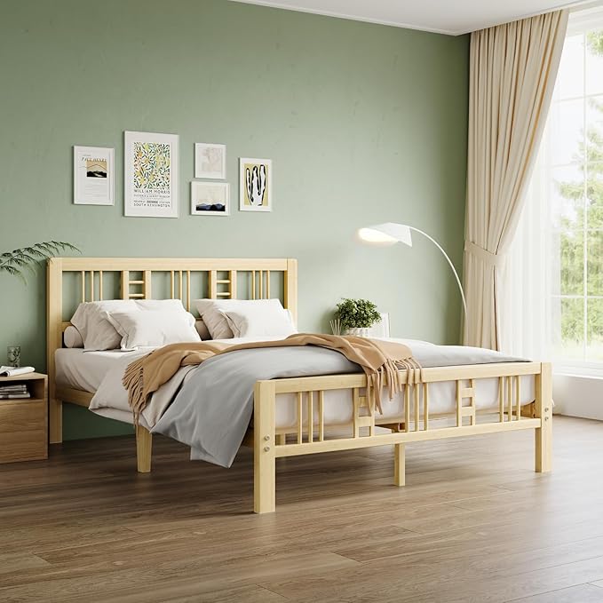 14 Inch High Bamboo Full Size Bed Frame with Headboard and Footboard, Wood Full Bed Frame No Box Spring Needed Heavy Duty, Metal Slat Support, Easy Assembly, Noise Free, Reinforced