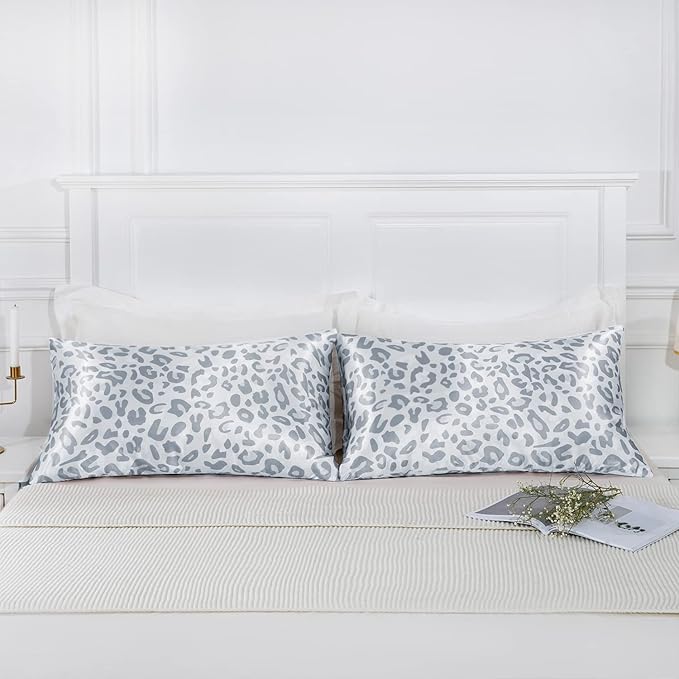 MR&HM Satin Pillowcase for Hair and Skin, Silk Satin Pillowcase 2 Pack, King Size Pillow Cases Set of 2, Silky Pillow Cover with Envelope Closure (20x40, Silver Leopard)