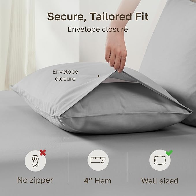California Design Den 100% Egyptian Cotton Pillowcases King Size Set of 2 - Crisp Percale Feel, Soft & Breathable Bed Pillow Cases - Light Grey