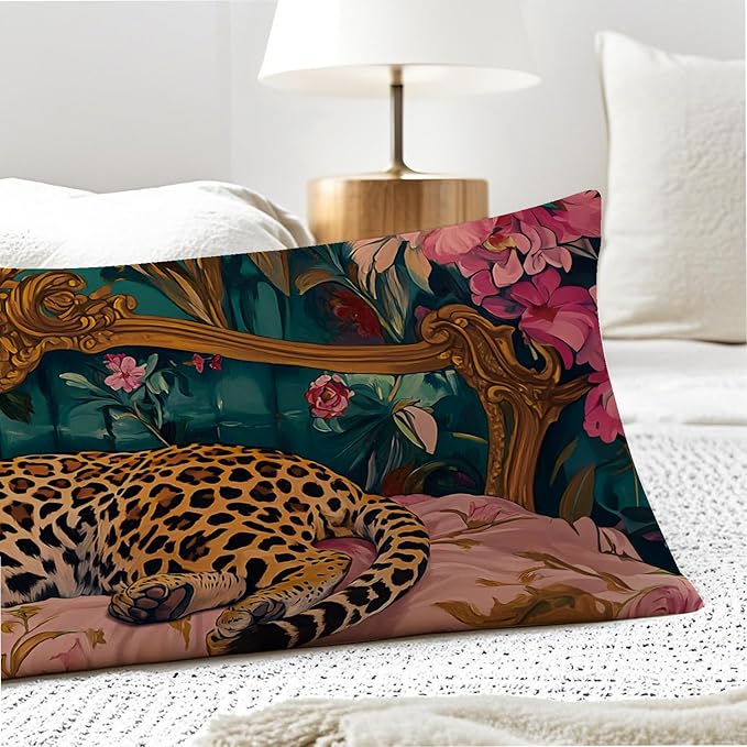 Vintage Leopard Floral 20x54 Body Pillow Cover, Cheetah Room Decor, Trendy Retro Sleepy Leopard Pink Flowers Decorative Long Body Pillow Cases for Bed Couch