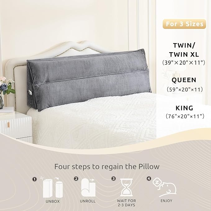Zelladorra Wedge Pillow Headboard, Headboard Pillow Queen for Reading or Sitting, Bolster Pillow with Large Memory Foam, Removable Cover, Dark Grey