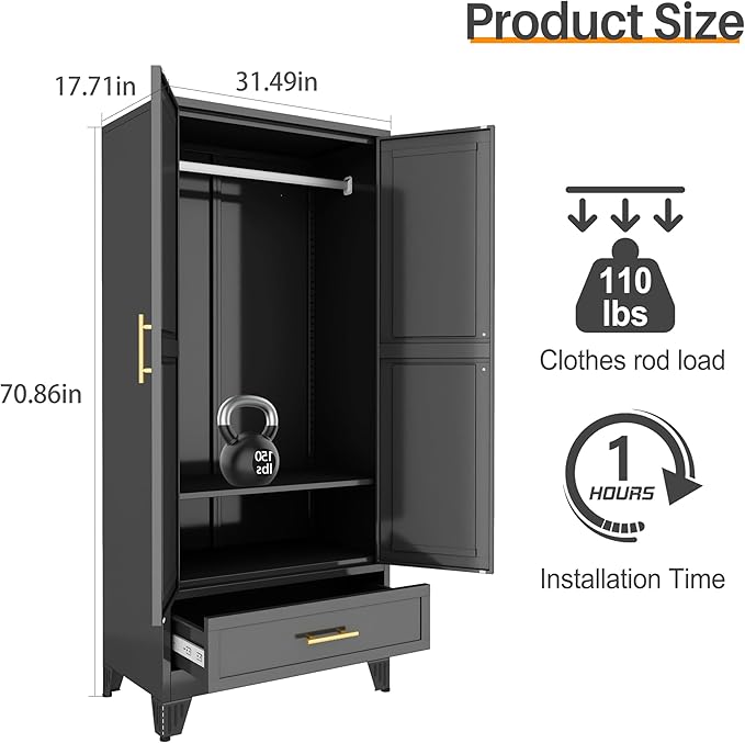 RIETERN Metal Armoire Wardrobe Closet, 71" Tall Bedroom Closet with Mirror, 1 Drawer, Adjustable Shelves, and Hanging Rod, Steel Clothes Closets and Storage, for Bedroom Black