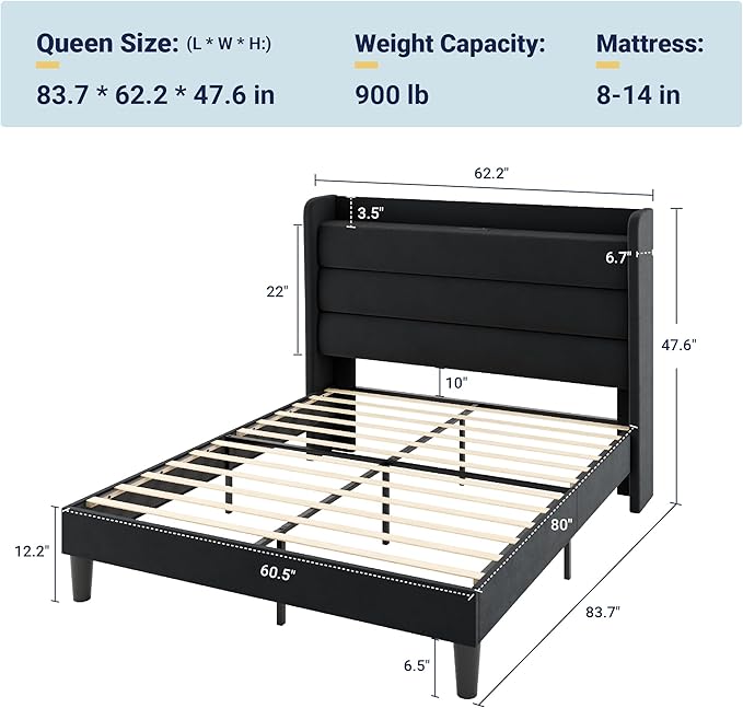 Allewie Queen Size Upholstered Bed Frame with Charging Station & Storage Headboard, Soft Velvet Wingback Platform Bed, Strong Wooden Slats Support, No Box Spring Needed, Easy Assembly, Black