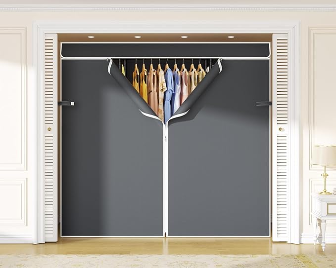 ULIFHOME E3C Black Clothes Rack with Gray Cover, Heavy Duty Freestanding Garment Rack, Metal Closet System Storage Organizer for Clothing, Holds up to 850 lbs, 59.5" W x 16.5" D x 77.4" H