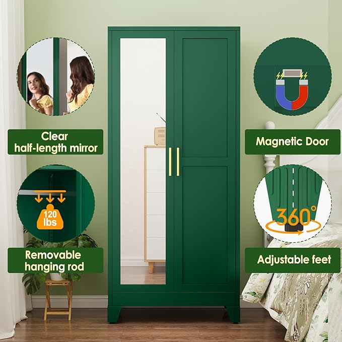 winiowa Metal Armoire Wardrobe Closet with 2 Mirror Doors, 71" Wardrobe Cabinet with Adjustable Shelves and Hanging Rod, Clothing Storage Cabinet Closet with Mirror for Bedroom-Green