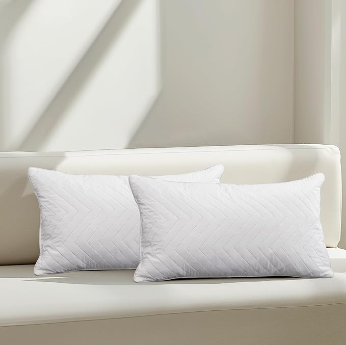 Bafode Goose Feathers Throw Pillow Inserts Set of 2, 12x20 Luxurious Corrugated Quilting Euro Decorative Pillows Insert with Exquisite Silver-Grey Satin Edging, Perfect for Couch, Bed, Sofa