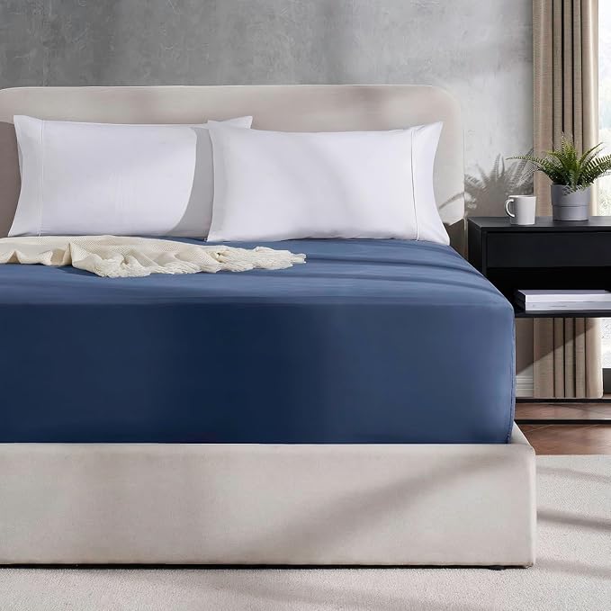 Nestl 4 Pack Navy Blue Fitted Sheet Extra Deep Pocket, Hotel Luxury Cal King Fitted Sheet Only Easily Fits 18 to 24 Inch Mattress, Super Soft, Wrinkle-Free and Breathable with Corner Straps