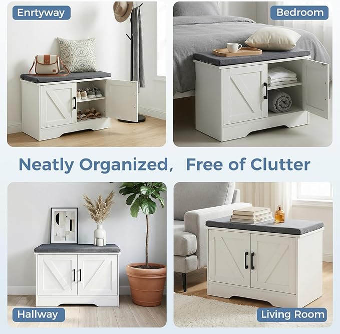 DUMOS Storage Bench, Shoe Organizer Cabinet with Thickened Padded Seat Cushion, Entryway Bench with 4 Doors & Adjustable Shelf for Hallway, Bedroom, Living Room, 47 inch, White