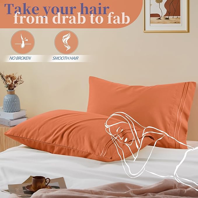 Vonty 2 Pack Standard Pillow Cases - 20x26 Inch, 1800 Thread Count Microfiber Pillowcases Standard Size Pumpkin Orange Pillow Cases Luxury & Soft Embroidered Bed Pillow Covers with Envelope Closure