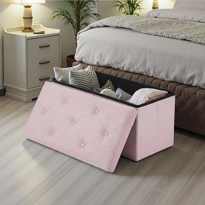 DUMOS Storage Ottoman Bench, 30in Storage Bench Foot Rest Stool with Padded Seat, Large End of Bed Bench for Bedroom, Living Room, Entryway, Support 660lbs, Pink