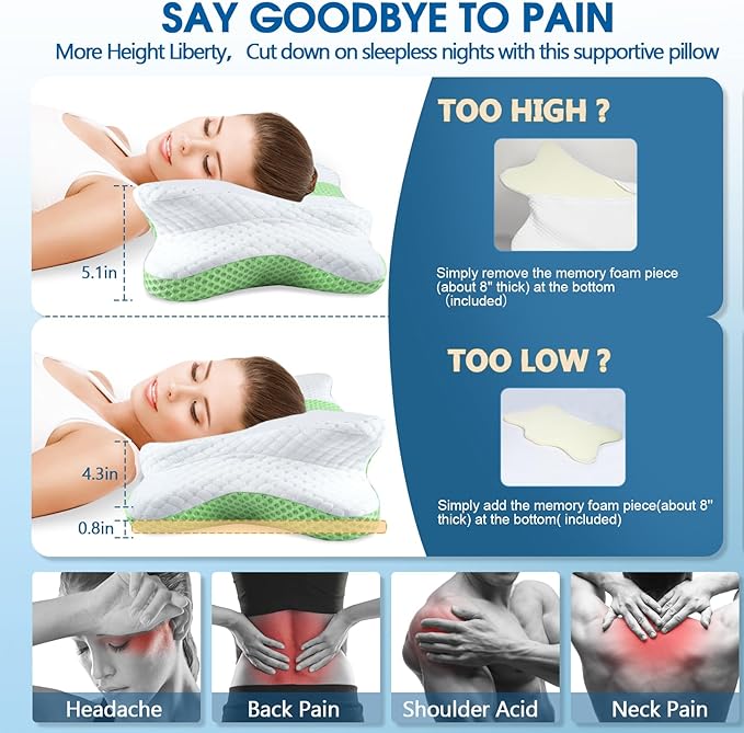 CHxxy Memory Foam Pillows, Cervical Pillow for Neck and Shoulder Pain Relief, Ergonomic Contour Bed Pillow, Soft for Side Sleep Stomach Sleeping and Back Sleeper-Queen Size&Green