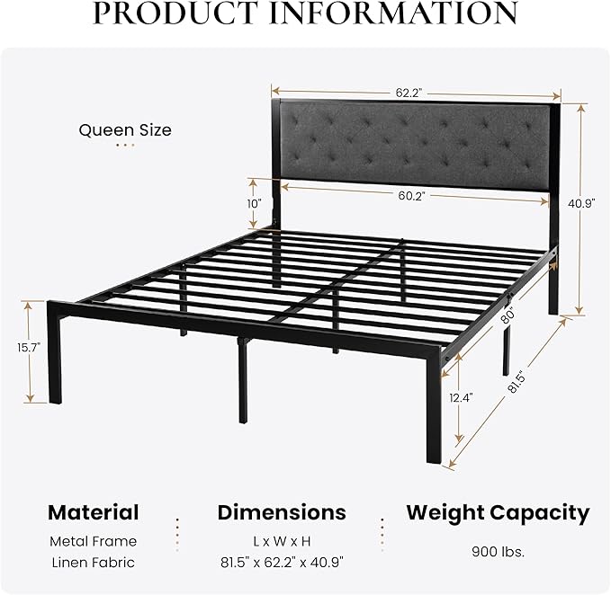 SHA CERLIN Queen Size Metal Platform Bed Frame,Linen Upholstered Button Tufted Headboard, Mattress Foundation with 12.4” Under-Bed Storage, Noise-Free, Easy Assembly, No Box Spring Needed, Dark Grey