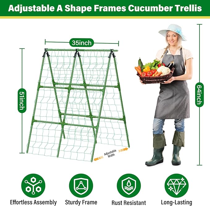 35x51 Inch Cucumber Trellis for Raised Bed, Adjustable A-Frame Garden Trellis for Climbing Plants Outdoor with Climbing Net, Meal Plant Trellis for Vegetables Pea Bean Tomato Squash Grape
