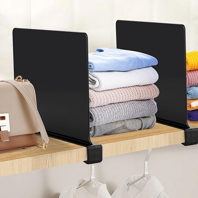 JOY DECOR 12 Pack Acrylic Matte Black Shelf Dividers for Closets Organizer and Storage Adjustable Vertical Wood Shelf Closet Separators for Clothes,Book,Bags in Bedroom and Kitchen