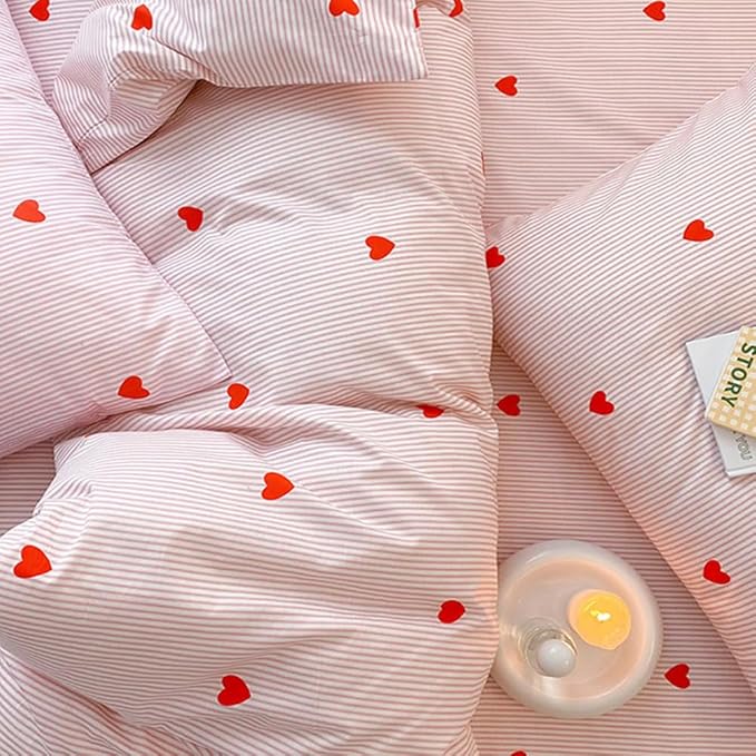 Nayoroom Heart Duvet Cover Queen Size Cute Pink Striped Printed Bedding Set 3Pcs Kids Girls Kawaii Heart-Shaped Comforter Cover with Zipper Closure Soft Breathable Microfiber