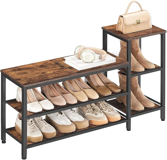YATINEY 3-Tier Shoe Rack Bench, Wooden Shoe Storage Bench, Industrial Entryway Bench with Storage, Multi-Functional Shoe Rack with Seat for Bedroom, Hallway, Living Room, Rustic Brown and Black HX05BR