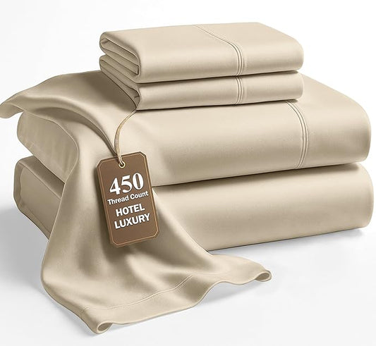 LANE LINEN King Size Bed Sheet Set – 450 Thread Count Long-Staple 100% Cotton Sheet Set King Size, Hotel Premium Soft Silky Sateen Finish, Durable Bedding Set, Elasticised 15" Deep Pocket – Linen