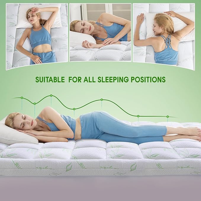 WhatsBedding Twin Mattress Topper, Soft Pillow Top Mattress Topper with Deep Pocket Fits 8–21 Inch,7D Spiral Fiber Filling, Bamboo Viscose Air Layer Mattress Topper Twin.
