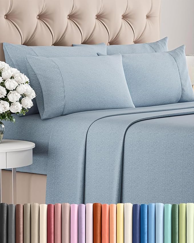 King 6 Piece Sheet Set - Comfy, Breathable & Cooling - Soft Hotel Luxury Bedding for Women, Men, Kids, Teens and Children - 1 Flat & 1 Fitted Sheet & 4 Pillowcases with Deep Pockets - Heathered Blue