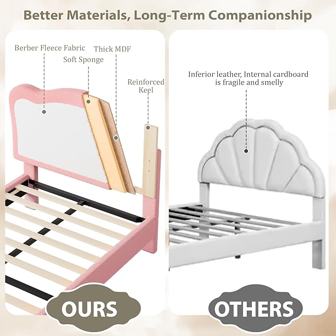 GarveeHome Full Bed Frames for Kids with Soft headboard, Velvet Low Bed Frame for Girls, Boys, No Box Spring Needed, Wooden Slats, Noise Free, Sturdy, Easy Assembly, Pink, White