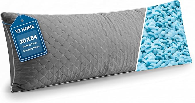 YZ HOME Long Body Pillow for Adults - Firm Body Pillow Insert with Shredded White Memory Foam, Adjustable Height, Soft Support for Side Sleeping, Pregnant Women, Washable (Grey, 20x54 Inch)