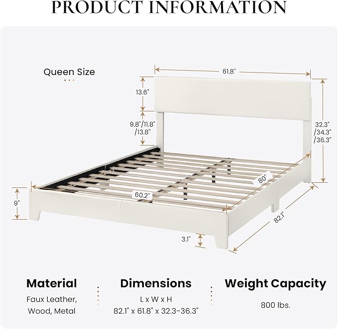 SHA CERLIN Queen Size Bed Frame with Adjustable Headboard, Faux Leather Upholstered Platform Bed with Wood Slats, Stable Mattress Foundation,No Box Spring Needed, Off-White