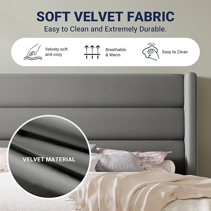 Allewie King Size Platform Bed Frame with Velvet Upholstered Wingback Headboard, No Box Spring Needed, Under Bed Storage Space, Strong Wooden Slats, Modern Mattress Foundation, Easy Assembly, Grey