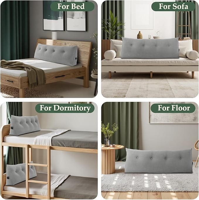 Huatean Home Soft Headboard Pillow Full Size, Wall Backrest Wedge Pillow Headboard Full, Reading Backboard Pillows, Large Dorm Daybed Bolster Pillows for Back Support with Removable Cover, Gray