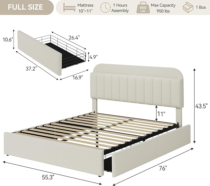Garvee Full Size Bed Frame with 2 Flexible Drawers, Boucle Upholstered Platform Bed Frame with Bookcase Headboard, Bedframe for Kids/Girls, Easy Assembly, No Box Spring Needed, Noise Free, Beige