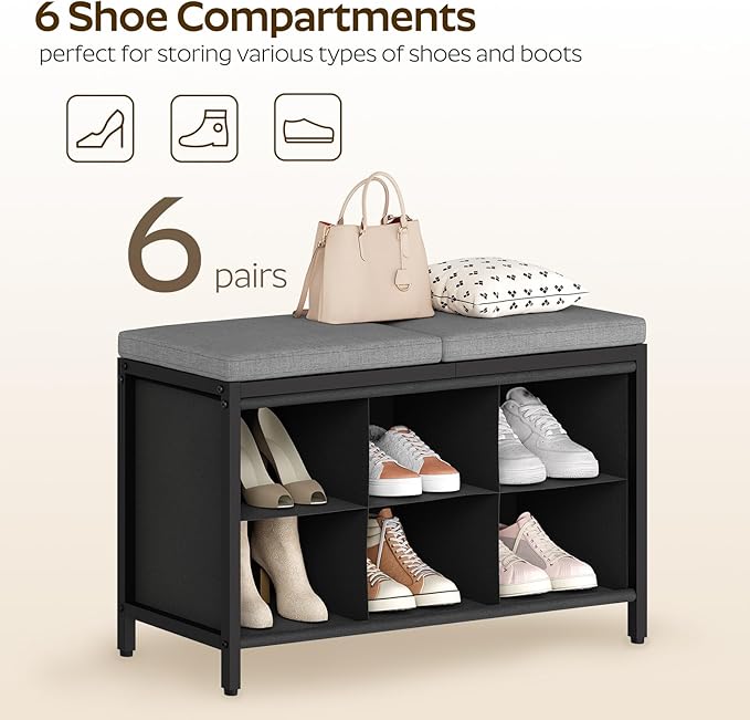 YATINEY Shoe Storage Bench with Cushion, Entryway Bench, Shoe Rack with Padded Seat and 6 Oxford Compartments, for Closet, Bedroom, Entryway, Black and Gray HX01BK