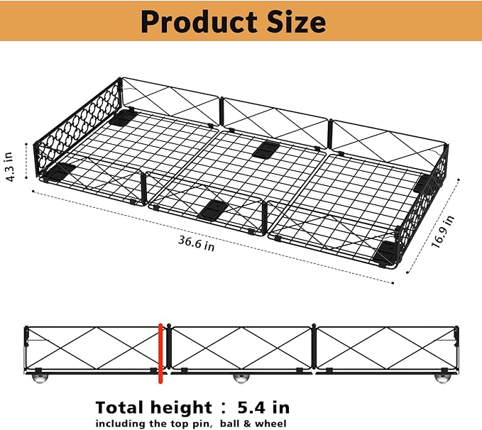 NADAMOO 5.4 in Low Profile Under Bed Storage, 36.6" Ultra Long Metal Underbed Organizer with 6 Smooth Rolling Wheels, 110 lbs Heavy Duty Foldable Under Bed Container for Shoes, Clothes, Toys, 2 Packs