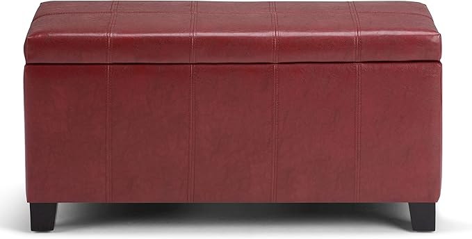 SIMPLIHOME Dover Storage Ottoman Bench - 36 inch Wide Upholstered Vegan Leather Rectangular Lift-Top Ottoman in Radicchio Red, Contemporary Bench for Living Room with Safety Hinges