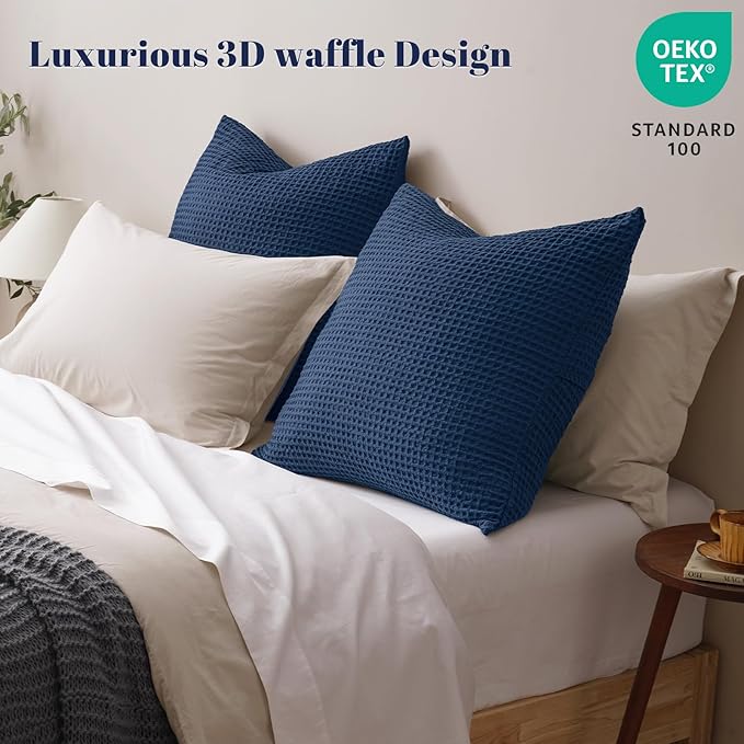 PHF Ultra Soft Waffle Weave Euro Shams Pillow Covers, No Filling, 2 Pack 26" x 26" Bed Cushion Covers, Breathable & Skin-Friendly Bed Pillow Shams for Stylish Home Decor, Navy Blue/Dark Blue