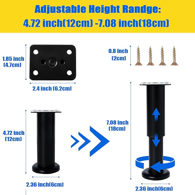 4PCS Adjustable Furniture Couch Cabinet Legs 4.72-7.48 Inch [with 18 PCS Screws], Heavy Duty Adjustable Height Replacement Legs for Dresser/Sofa/Bed/Chair, Legs for Furniture Set of 4 (Black)