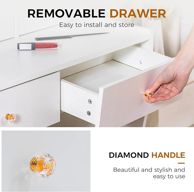 COMHOMA Makeup Vanity Desk with Mirror and Lights, Vanity Table and Chair Set with 5 Drawers & Charging Station, Bedroom Dressing Table, Stepless Dimmable & 3 Color Modes Adjustable, Snow White