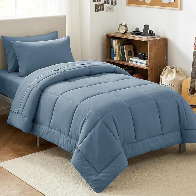 CozyLux Twin XL Comforter Set Mineral Blue, 5 Pieces Twin Extra Long Bed in a Bag for College Dorm, All Season Bedding Set with Stitch Quilted Comforter, Flat Sheet, Fitted Sheet, Pillowcases