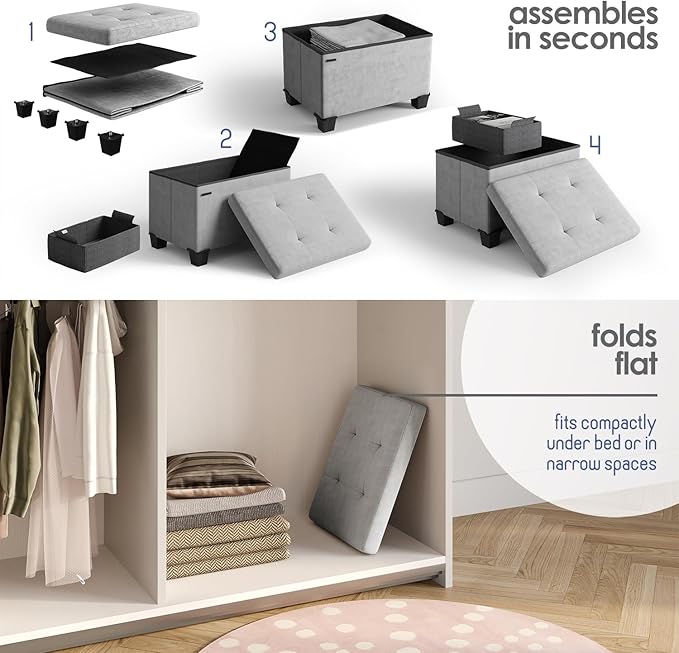 Storage Ottoman Cube with Small Bin, 16-in Square Ottoman with Storage for Living Room and Bedroom, Small Ottomans Foot Rest, Velvet Foot Stools Ottomans Max 330lbs, Light Grey