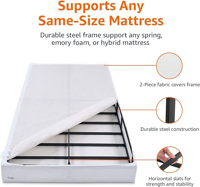 Amazon Basics Smart Box Spring Bed Base, 5-Inch Low Profile Height Mattress Foundation, Sturdy Durable Steel Support, Tool-Free Easy Assembly, Queen, 79" x 59.5" x 5", White