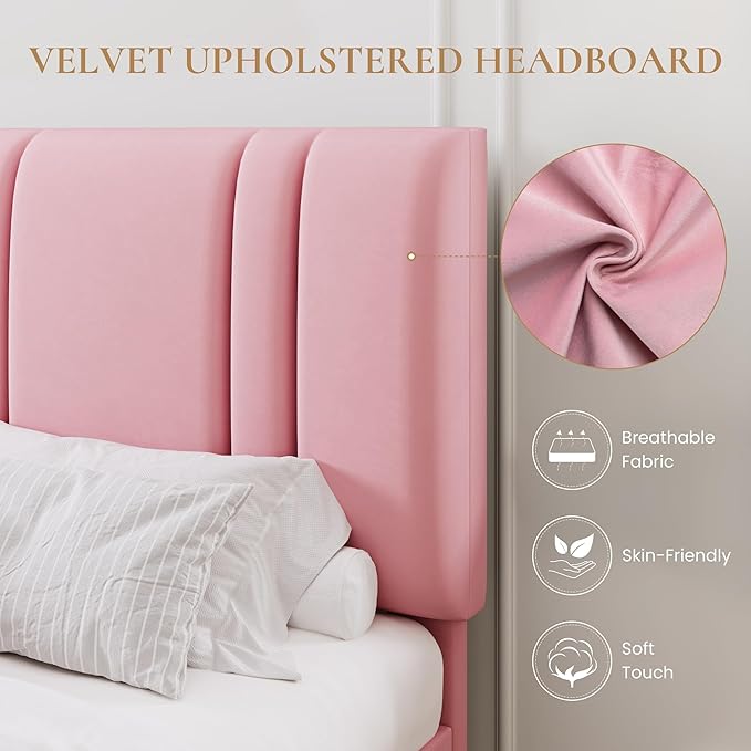 SHA CERLIN Queen Size Platform Bed Frame, Velvet Upholstered Bed with Adjustable Headboard, Vertical Channel Tufted Design, Sturdy Wood Slat Support, No Box Spring Needed, Easy Assembly, Pink